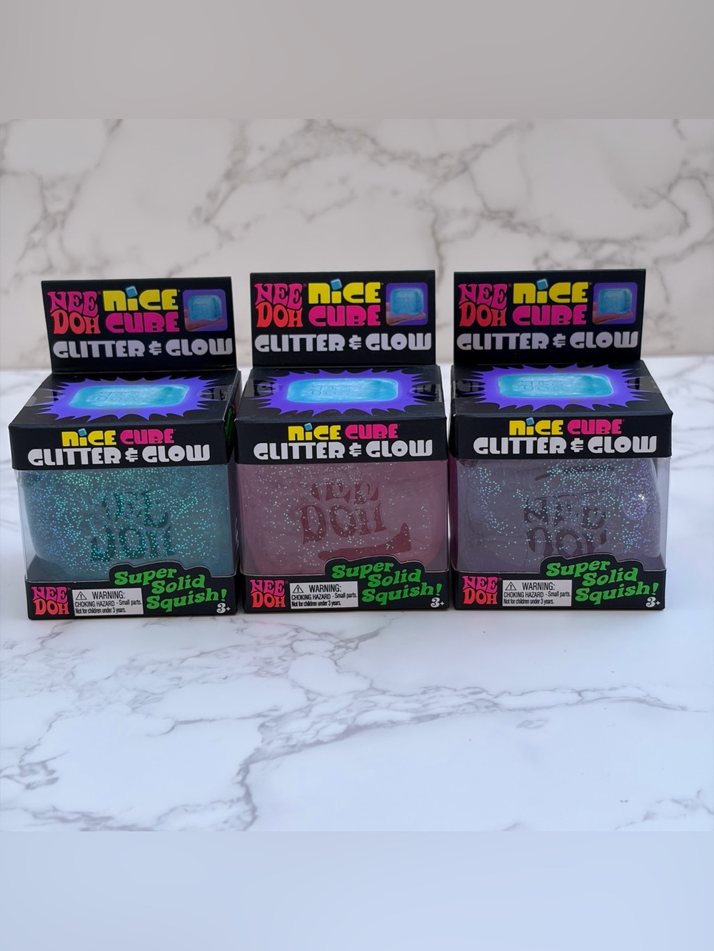 Lot of 3: Needoh Glitter & Glow Nice Cube Super Solid Squish Fidget Toys